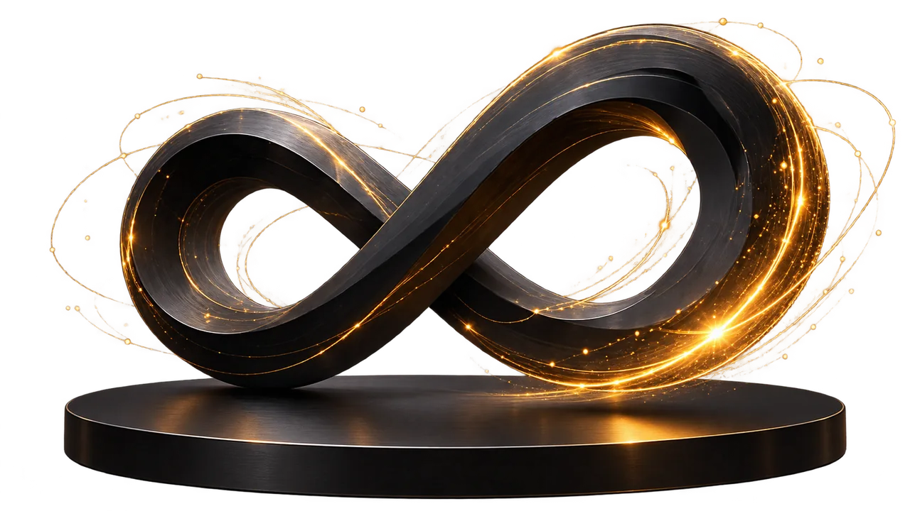 Simbol infinity hitam dan emas INFINIA